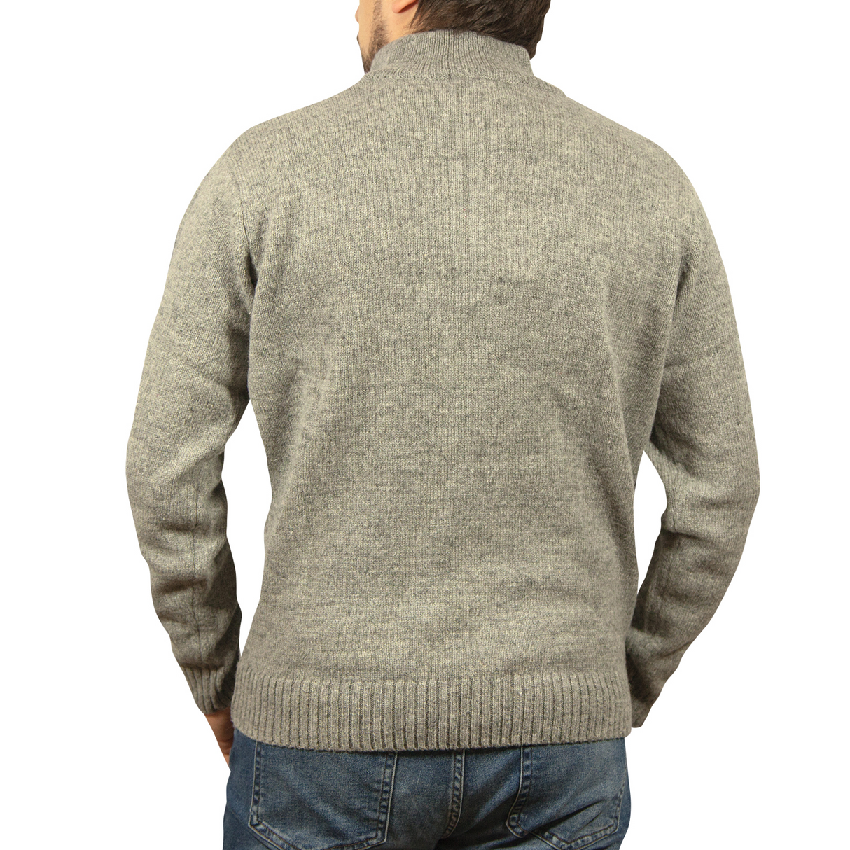 100% Shetland Ragg Wool Half Zip Jumper - Grey - Large (Mens Knitted Sweater/Pullover)