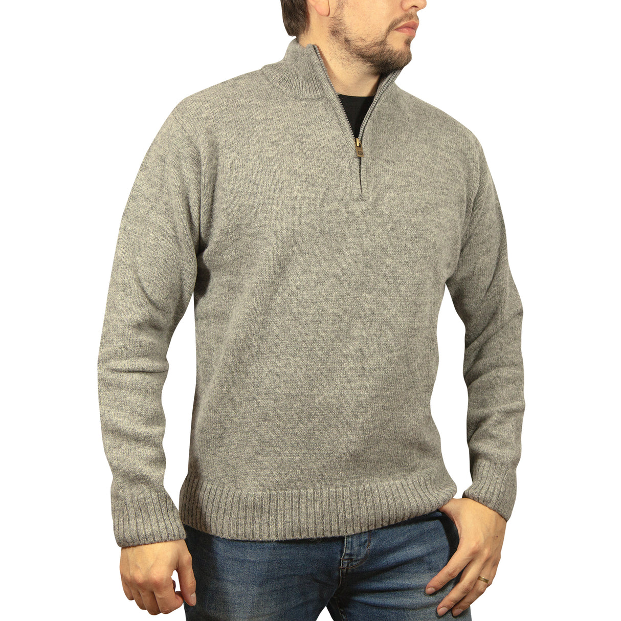 100% Shetland Ragg Wool Half Zip Jumper - Grey - Large (Mens Knitted Sweater/Pullover)