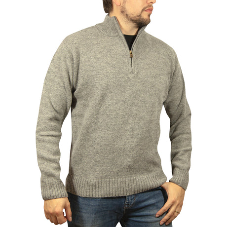 100% Shetland Ragg Wool Half Zip Jumper - Grey - Large (Mens Knitted Sweater/Pullover)