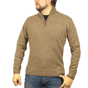 100% Shetland Ragg Wool Half Zip Jumper - Nutmeg Brown (Mens Knitted Sweater/Pullover)