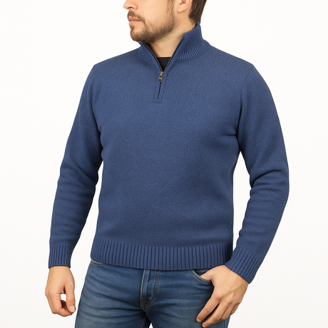 100% Shetland Ragg Wool Half Zip Jumper - Sky Blue (Mens Knitted Sweater/Pullover)