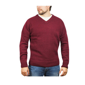 100% Shetland Ragg Wool V-Neck Jumper - Burgundy (Mens Knitted Sweater/Pullover)