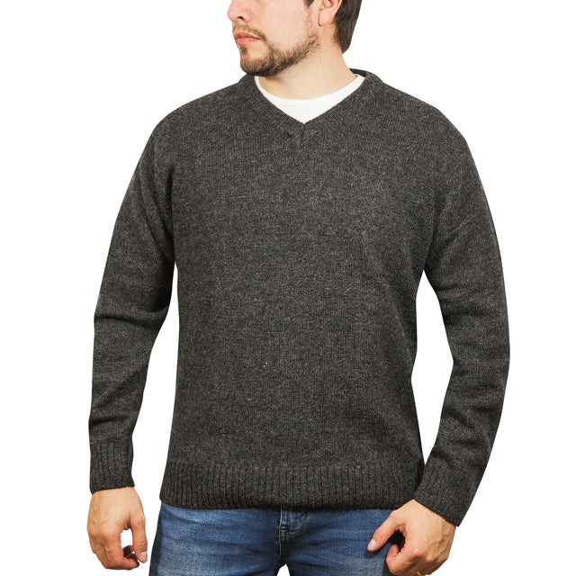 100% Shetland Ragg Wool V-Neck Jumper - Charcoal (Mens Knitted Sweater/Pullover)