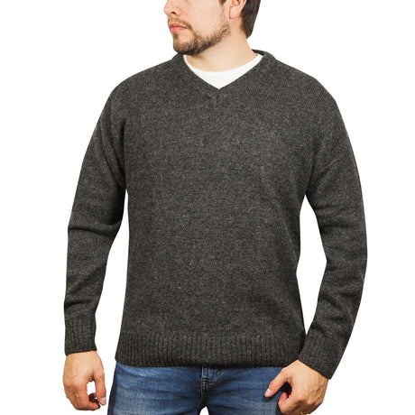100% Shetland Ragg Wool V Neck Knit Jumper Pullover Mens Sweater Knitted - Charcoal - 6XL