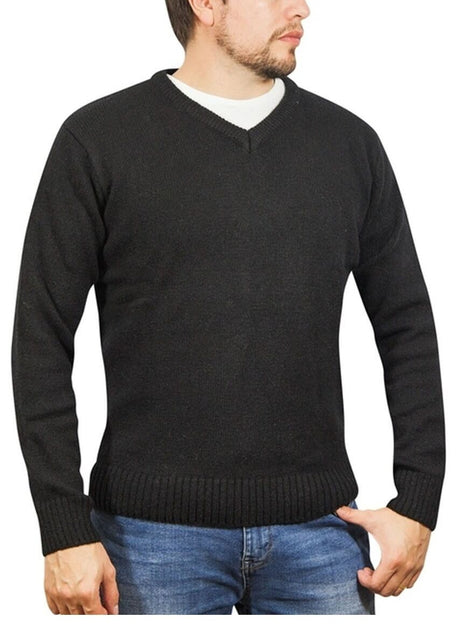 100% Shetland Ragg Wool V-Neck Jumper - Black (Mens Knitted Sweater/Pullover)