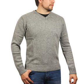 100% Shetland Ragg Wool V-Neck Jumper - Grey (Mens Knitted Sweater/Pullover)