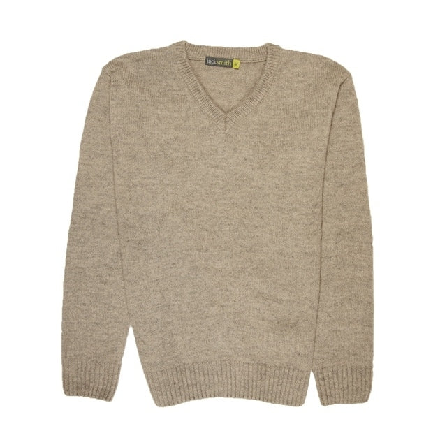 100% Shetland Ragg Wool V Neck Knit Jumper Pullover Mens Sweater Knitted - Oat Marle