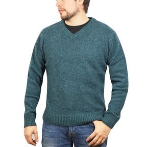 100% Shetland Ragg Wool V-Neck Jumper - Sherwood Green (Mens Knitted Sweater/Pullover)