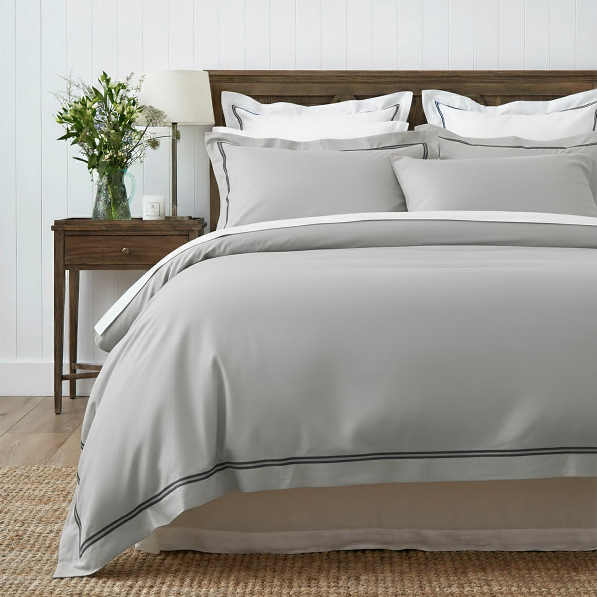 Renee Taylor Strada 1000TC Egyptian Cotton Quilt Cover Set - Silver Charcoal (Embroidered Trim)