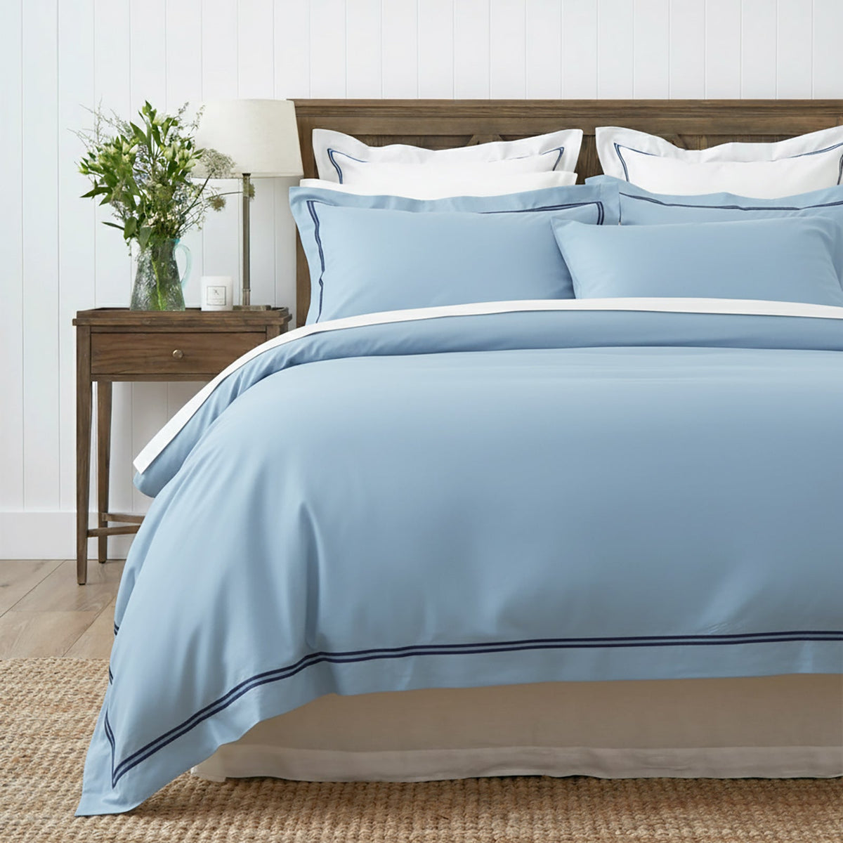 Renee Taylor Strada 1000TC Egyptian Cotton Quilt Cover Set - Sky (Embroidered Trim)