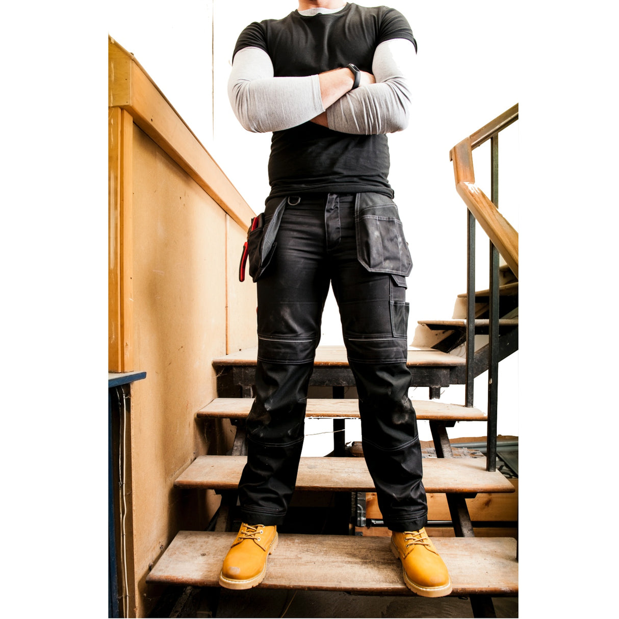Tradies Cargo Pants Holster Work Trousers Pants w Free Kneepads Workwear Safety - Grey/Black