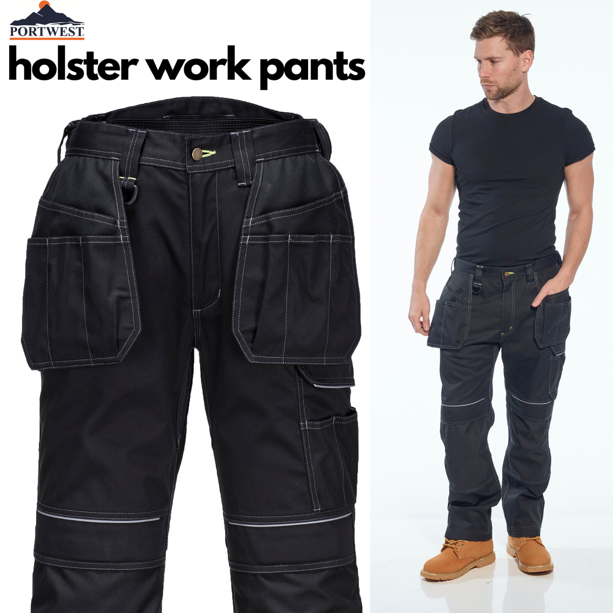 Tradies Cargo Pants Holster Work Trousers Pants w Free Kneepads Workwear Safety - Black