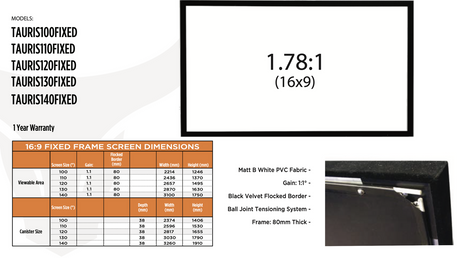 TAURIS 100" Fixed Frame Projector Screen Theatre Projection Wall Mountable 16:9