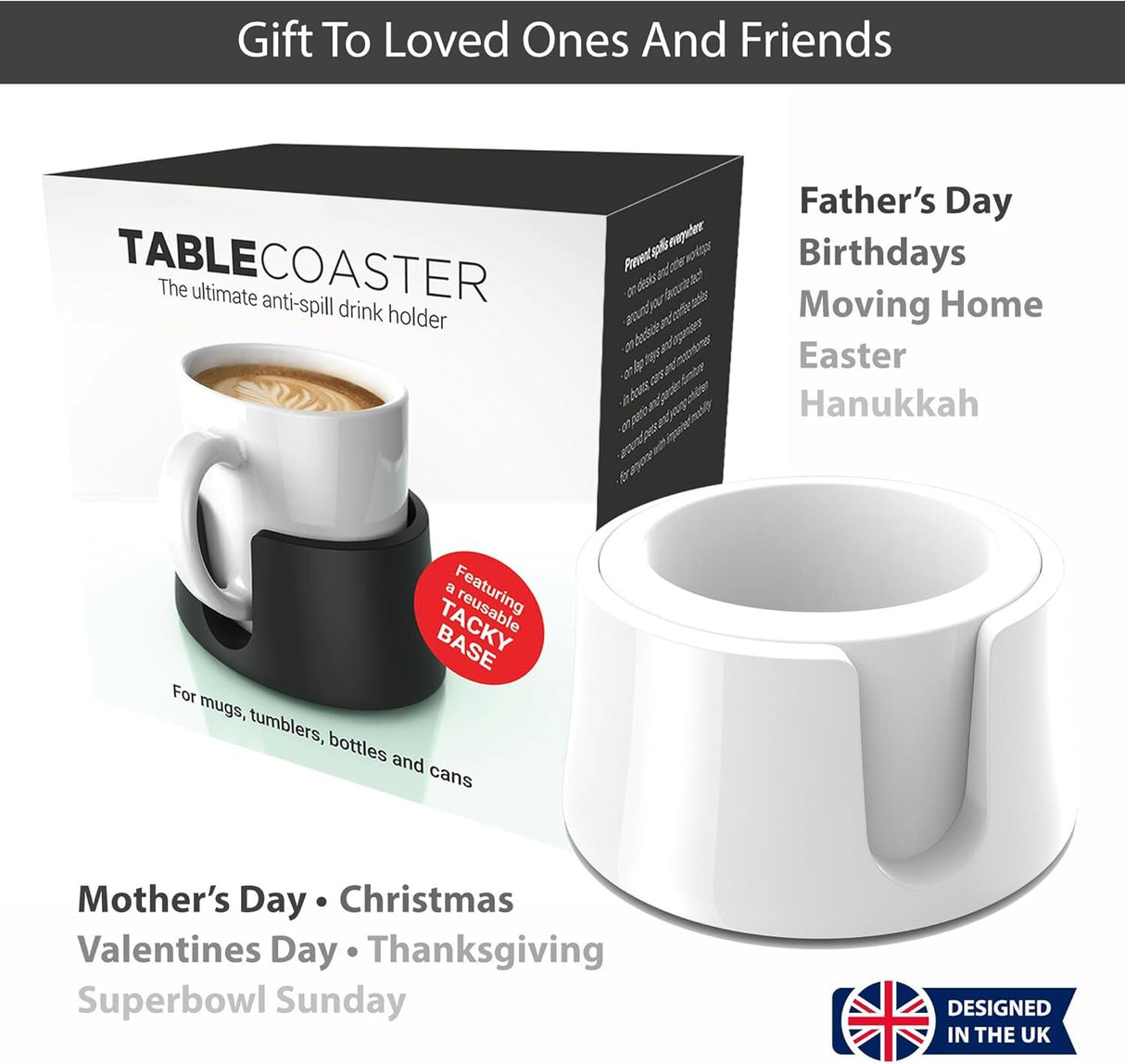 TableCoaster Anti-Spill Drink Holder Tray - White (Couch & Car Travel)