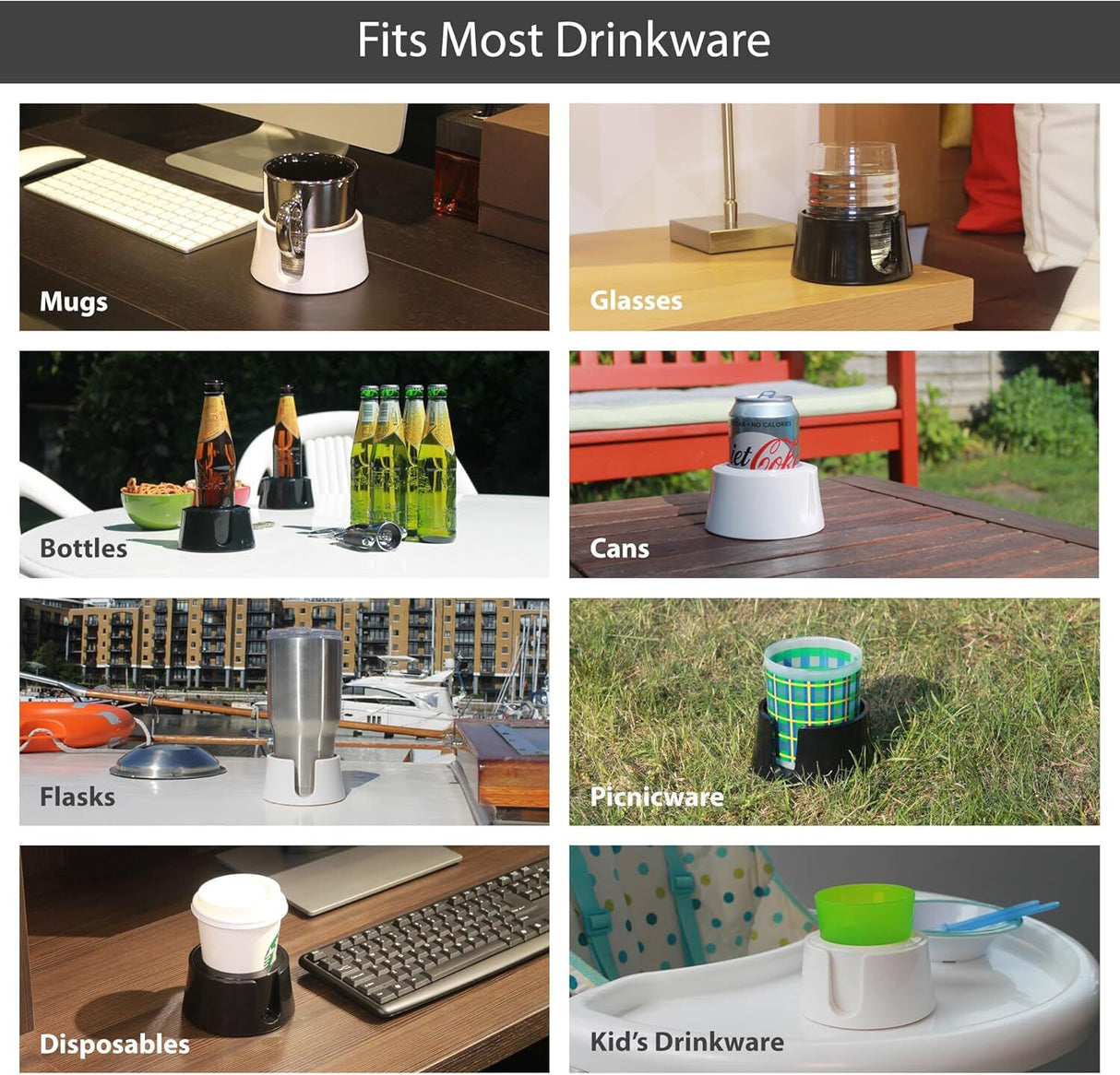 TableCoaster Anti-Spill Drink Holder Tray - White (Couch & Car Travel)