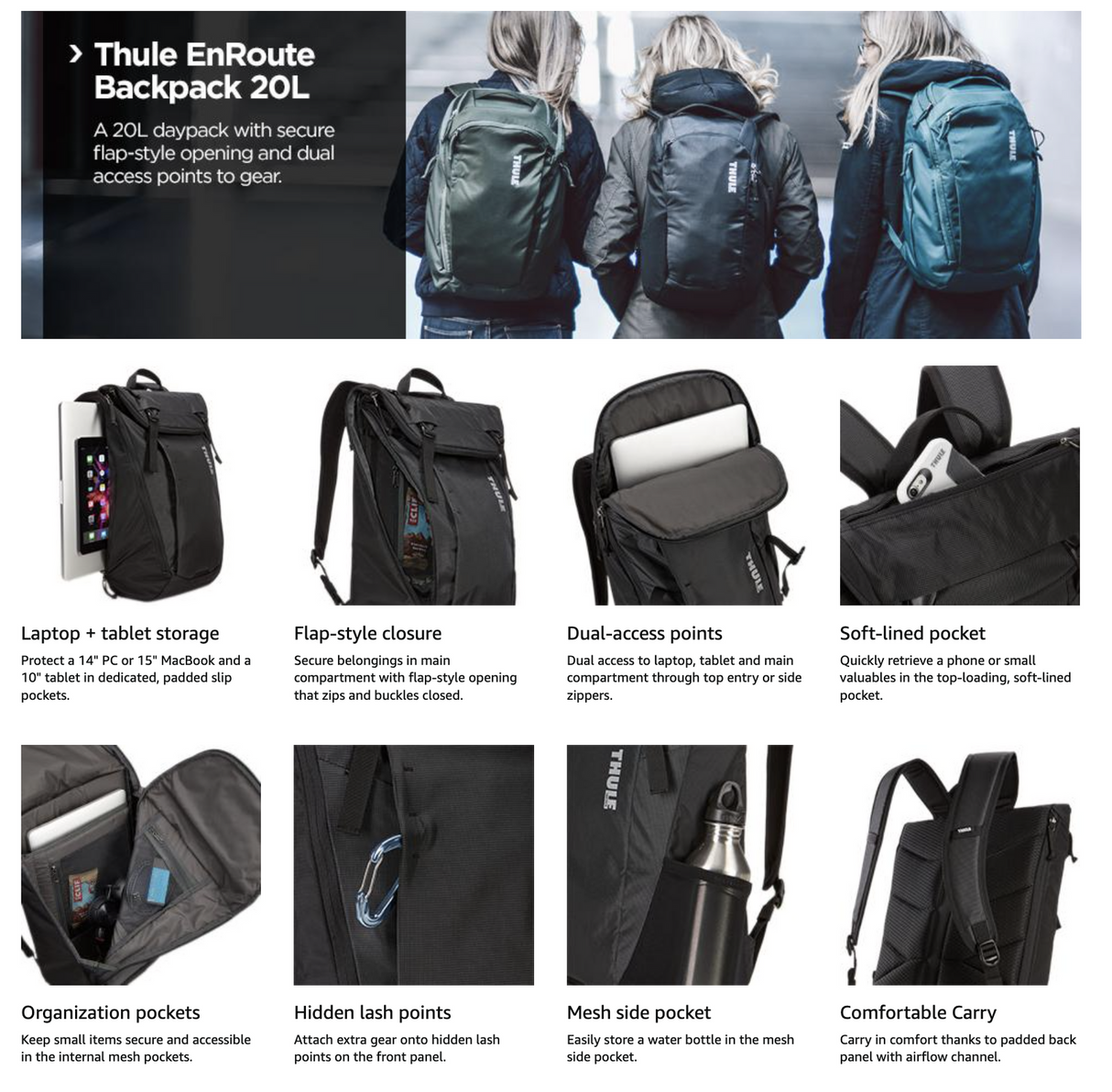 Thule EnRoute 20L Travel Backpack - Asphalt Black (Weekend Bag)