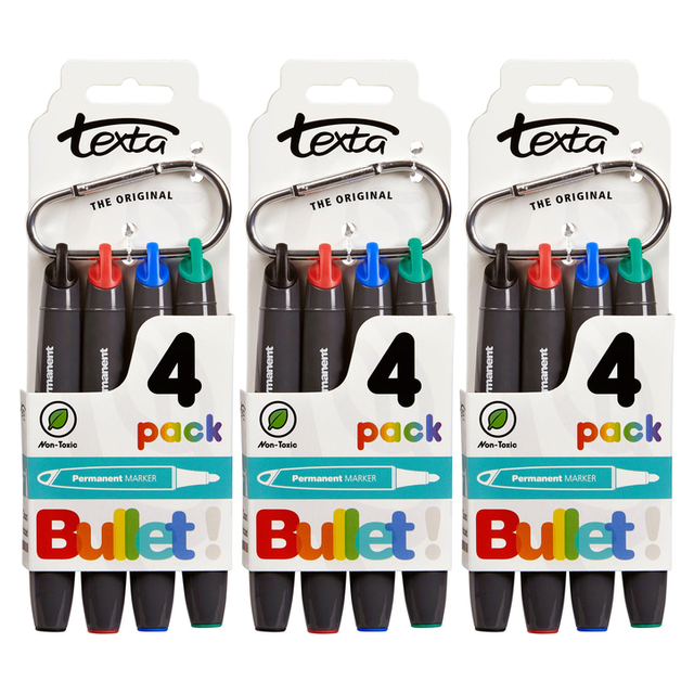 12pk Texta Permanent Markers 1mm Bullet Nib - Assorted Colours (Bulk Pack)