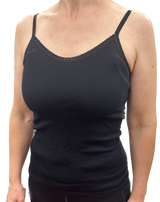 Thermo Fleece Ladies Pure Wool Black Camisole w Lace - Thermal Top Singlet