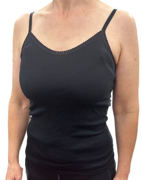 Thermo Fleece Ladies Pure Wool Black Camisole w Lace - Thermal Top Singlet