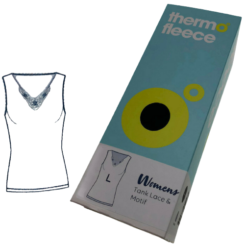Womens V-Neck Pure Merino Wool Thermal Tank Top Lace Motif Singlet Thermals - Natural