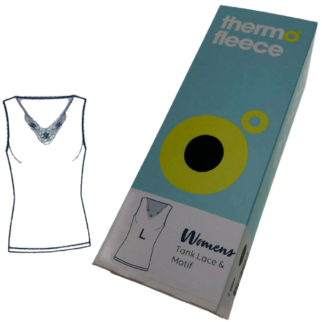 Womens V-Neck Pure Merino Wool Thermal Tank Top Lace Motif Singlet Thermals - Natural