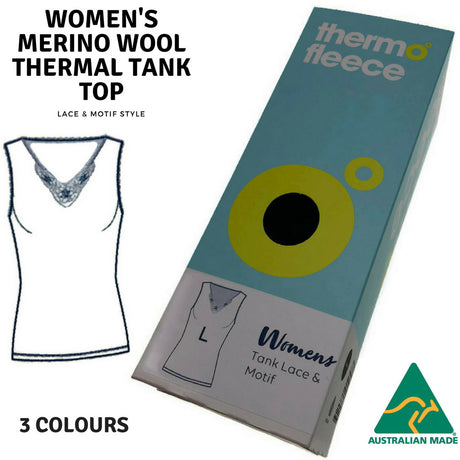 Womens V-Neck Pure Merino Wool Thermal Tank Top Lace Motif Singlet Thermals - Natural