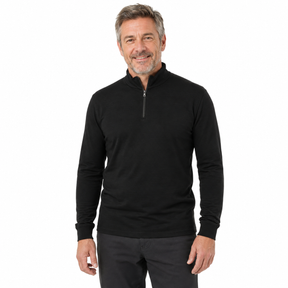 Mens Pure Merino Wool 1/4 Zip Long Sleeve Polo Neck Thermal Top Warm Thermals  - Black - X-Small