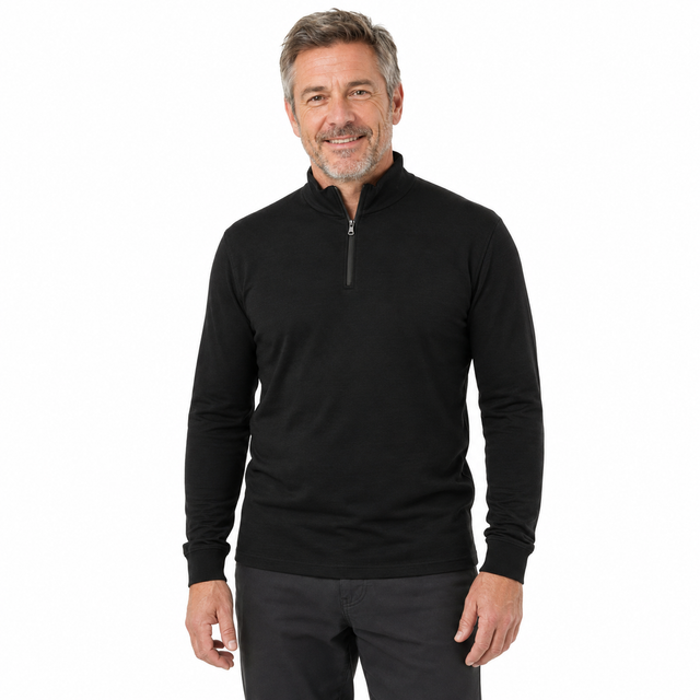 Mens Pure Merino Wool 1/4 Zip Long Sleeve Polo Neck Thermal Top Warm Thermals  - Black - X-Small