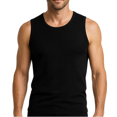 Thermo Fleece Mens 100% Merino Wool Singlet - Black (Thermal Underwear)