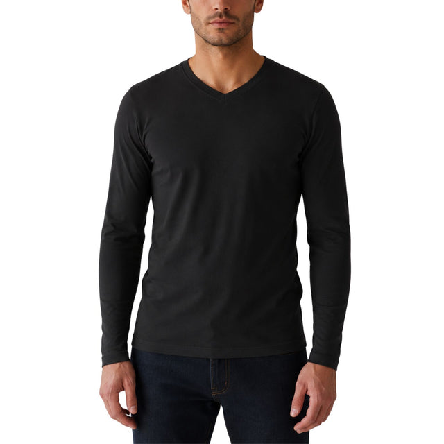 Mens 100% Pure Merino Wool V-Neck Long Sleeve Top T Shirt Thermal Underwear - Black - XX-Large (110cm)