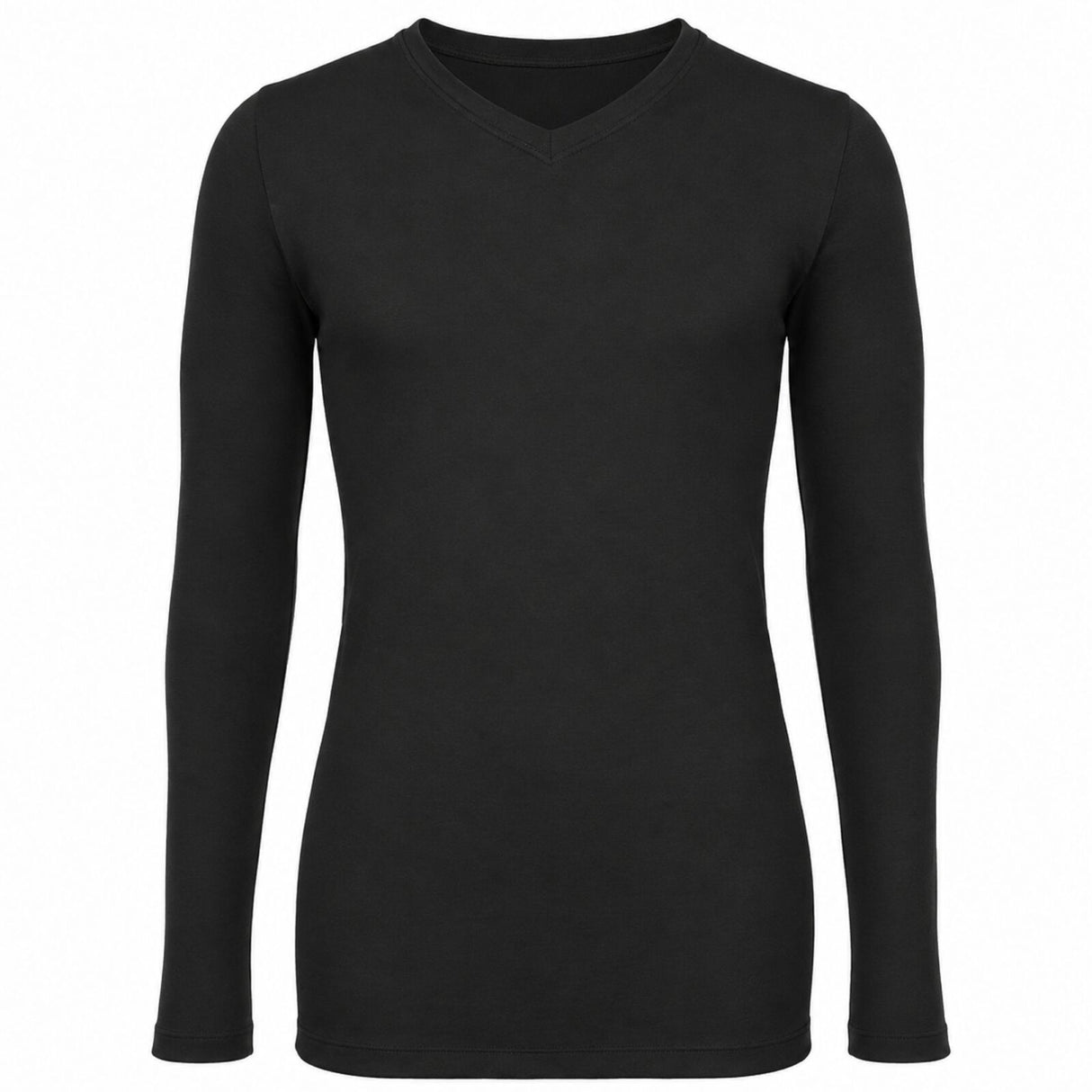 Mens 100% Pure Merino Wool Thermal Underwear V Neck Long Sleeve Top - Black