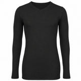 Mens 100% Pure Merino Wool Thermal Underwear V Neck Long Sleeve Top - Black
