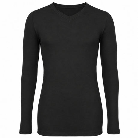 Thermo Fleece Mens 100% Merino Wool Thermal V-Neck Long Sleeve Top - Black