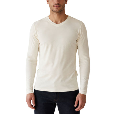 Thermo Fleece Mens 100% Merino Wool Thermal V-Neck Long Sleeve Top - Natural