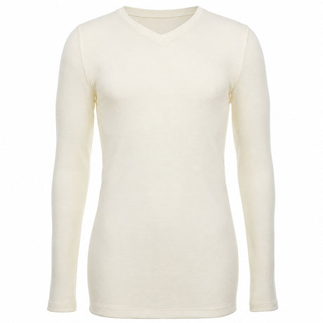 Thermo Fleece Mens 100% Merino Wool Thermal V-Neck Long Sleeve Top - Natural