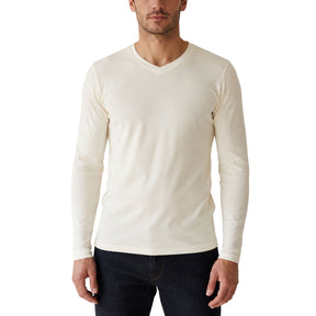 Thermo Fleece Mens 100% Merino Wool Thermal V-Neck Long Sleeve Top - Natural