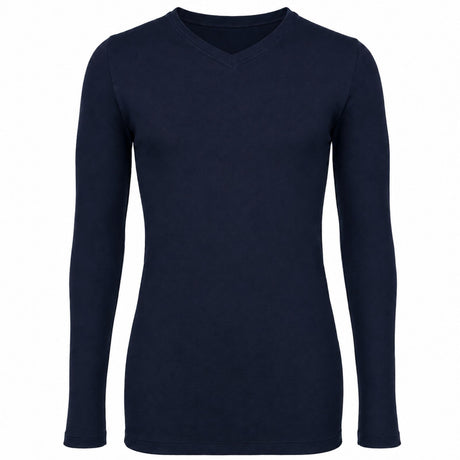 Thermo Fleece Mens 100% Merino Wool Thermal V-Neck Long Sleeve Top - Navy Blue