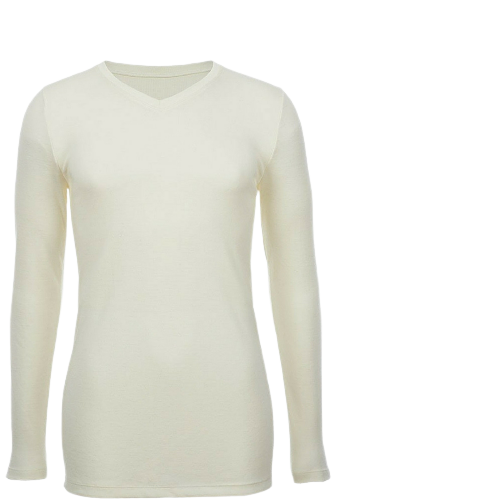 Mens 100% Pure Merino Wool V-Neck Long Sleeve Top T Shirt Thermal Underwear - Natural