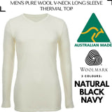 Mens 100% Pure Merino Wool V-Neck Long Sleeve Top T Shirt Thermal Underwear - Natural