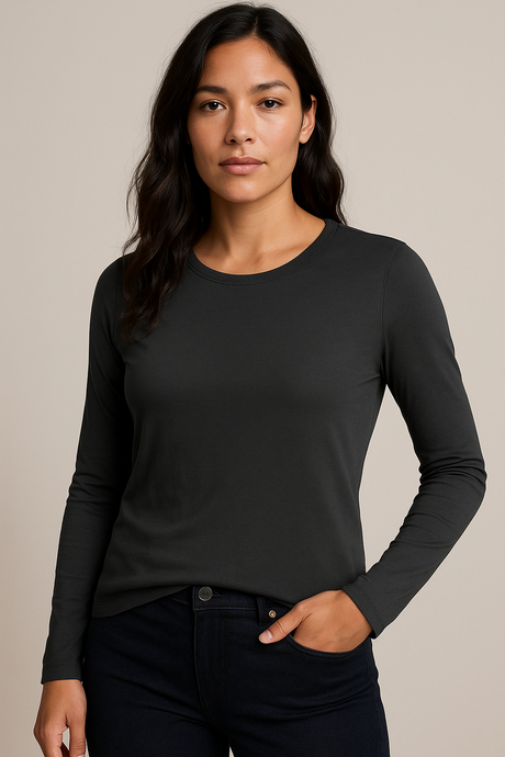 Three Dots Womens Long Sleeve T-Shirt - Black (Scoop Neck Top)