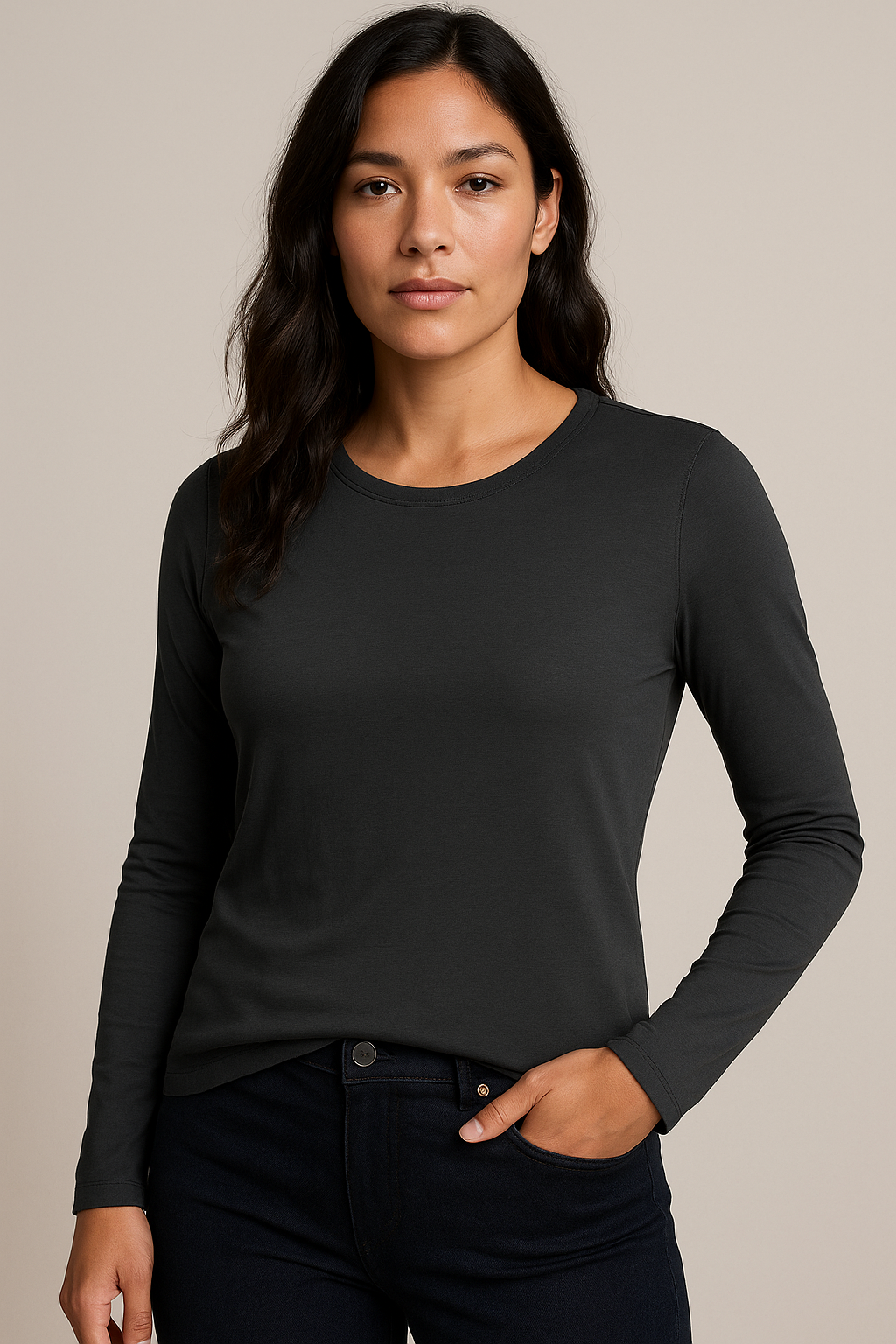Three Dots Womens Long Sleeve T-Shirt Scoop Neck Top in Black