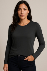 Three Dots Womens Long Sleeve T-Shirt Scoop Neck Top in Black