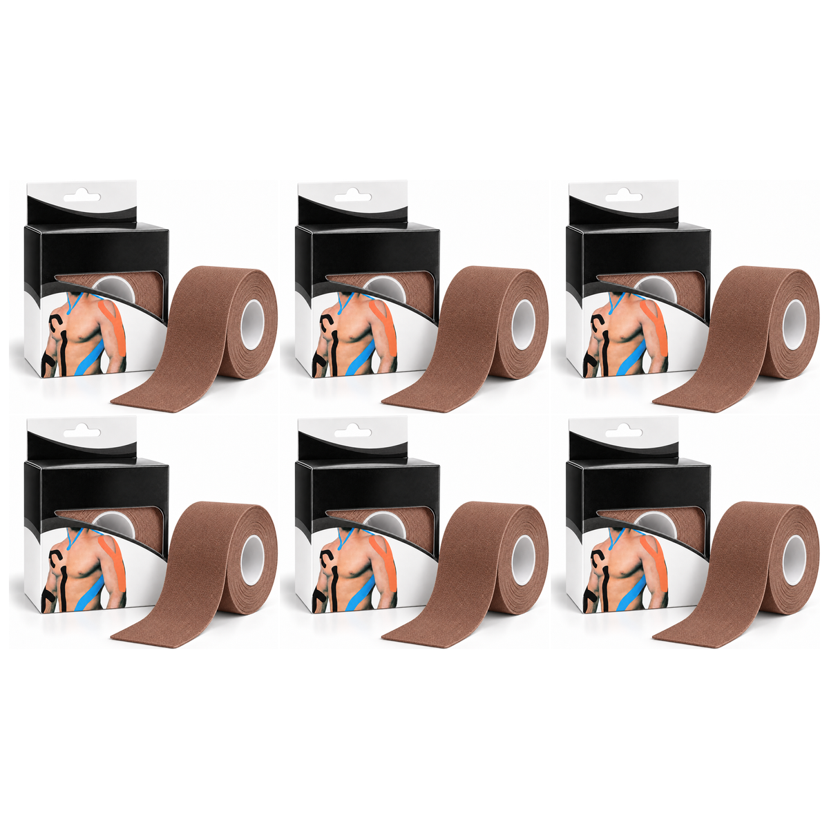 6x 5m Roll Sports & Therapy Kinesiology Tape Bulk Pack - 5cm Width in Brown (Self-Adhesive)