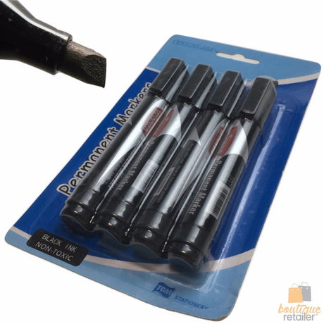 8x CHISEL TIP PERMANENT MARKERS Non Toxic Black Ink Texta