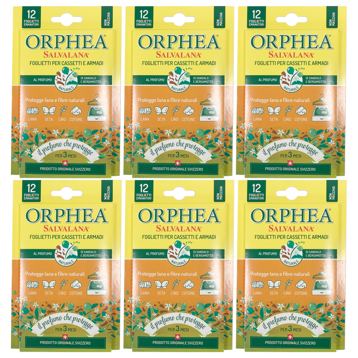 6x Orphea 12pcs Clothes Protector Scented Strips Bulk Pack - Sandalwood & Bergamot (Drawers/Closets)
