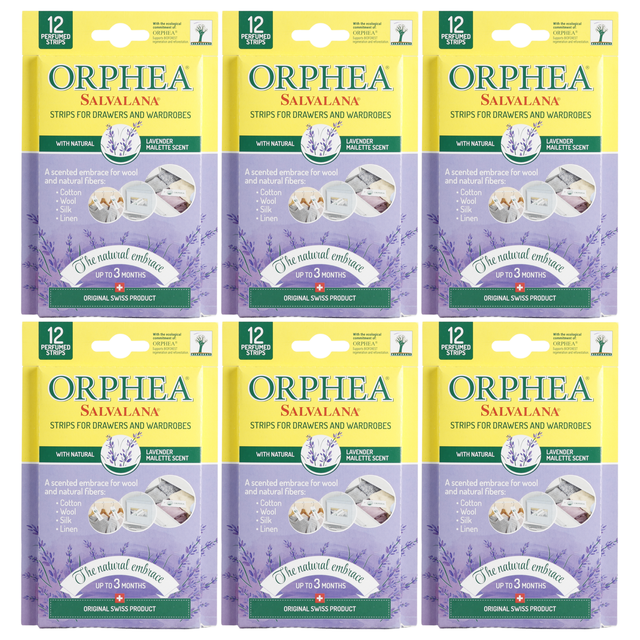 6x Orphea 12pcs Clothes Protector Scented Strips Bulk Pack - Natural Lavender (Drawers/Closets)