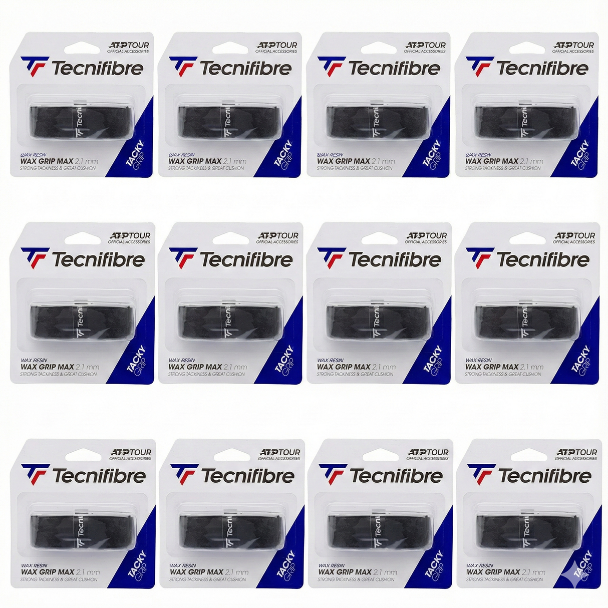 12x Tecnifibre Wax Tennis Grip Max Tacky Grip 2.1mm - Strong Tackiness in Black