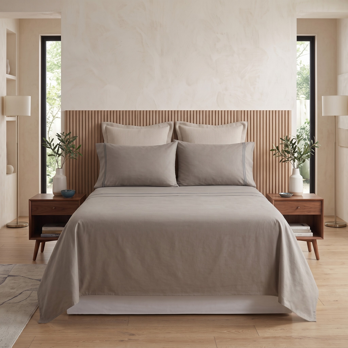 Renee Taylor Strada 1000TC Egyptian Cotton Bed Sheet Set - Taupe (Embroidered Trim)