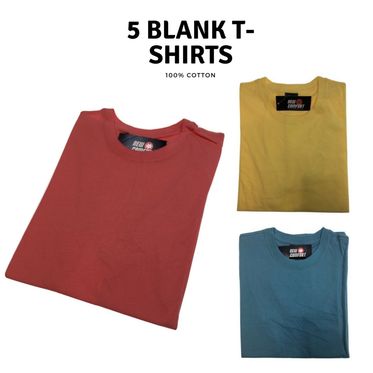 5x Plain T Shirt 100% COTTON Basic Blank Tee Mens Ladies Casual BULK Adults - Blue