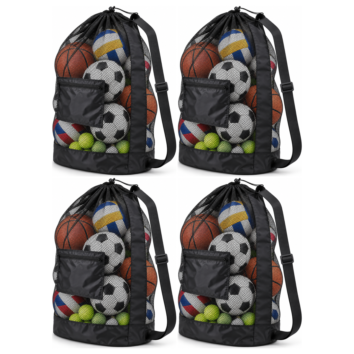 4x Sports Drawstring Ball Bag Bulk Pack - Large (Football/Basketball/Volleyball/Soccer/Tennis Storage)